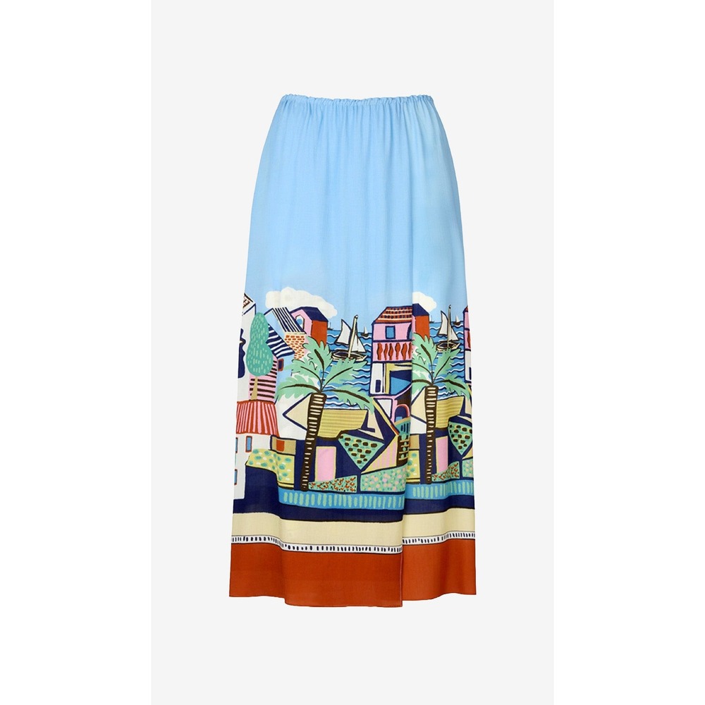 Smythe Coastal Village Blue Mediterranean Print Midi Skirt Small Made in Canada